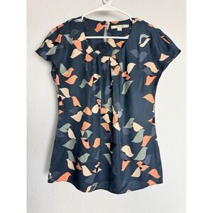 Boden Silk Blend Top US 2 UK 6 Blue Abstract Bird Print Short Sleeve Blouse‎